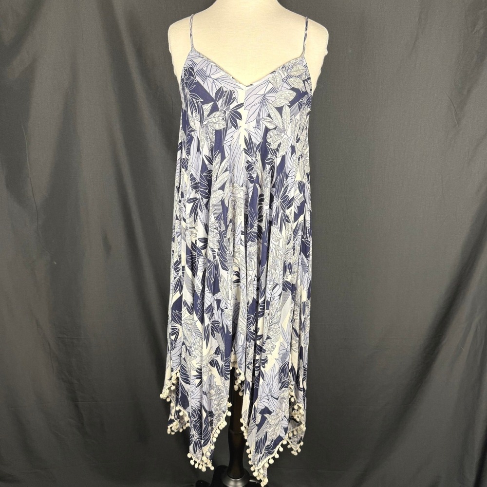 GOA Beachwear by Japna Blue White Tropical Pom Pom Handkerchief Dress Sz L EUC
